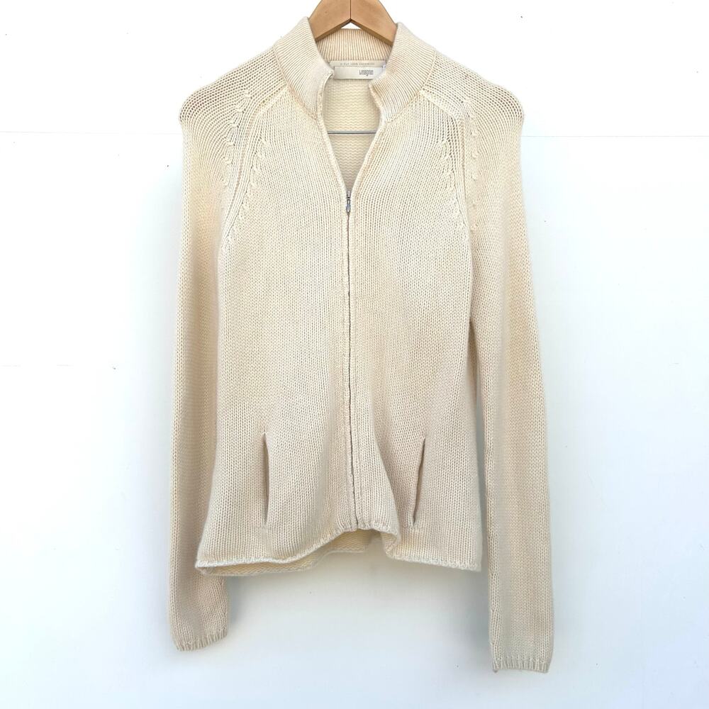 I. Magnin 2-Ply Cashmere Full Zip Cardigan Sweater Cream Ecru Small Stand Collar - Picture 2 of 9